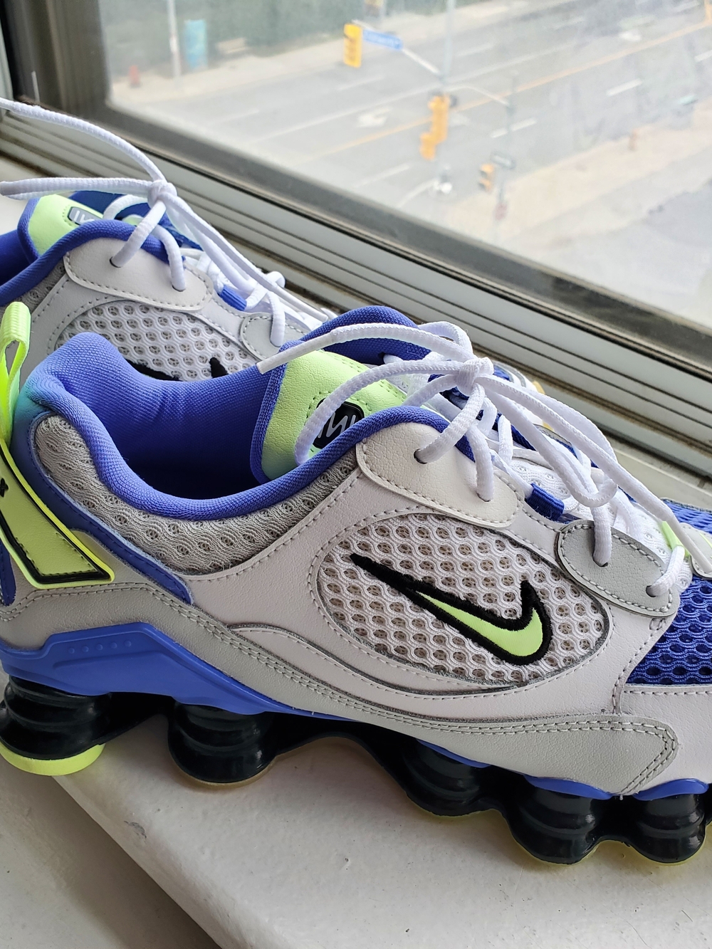 Nike White, Blue & Neon Green Shox Running Sneakers